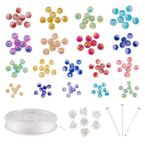 Craftdady 510pcs Crackle Glass Round Spacer Beads 4-8.5mm Mixed Colors Transparent Crystal Loose Beads with 50pcs Head Pins, 50pcs Bead Caps, 1 Roll Elastic Thread for Jewelry Making - color: Mixed Two Tone Colors, size: 3 Sizes