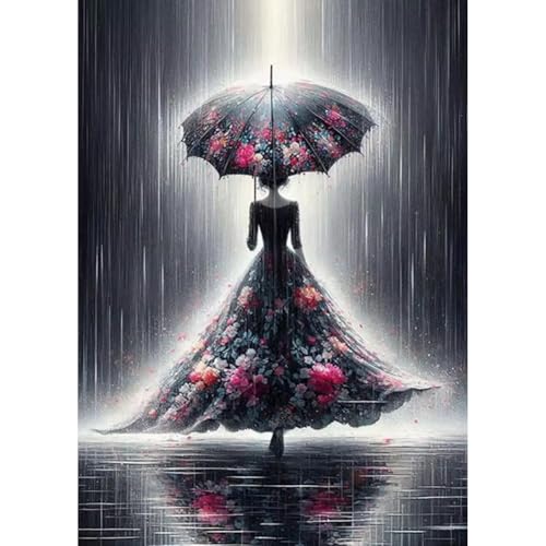 Domnpes Diamond Painting Kits for Adults, Lady in Rain Diamond Art Kits for Beginners, 5D DIY Full Drill Diamond Bead Art for Home Decor Gift 11.8x15.8 inch, Women