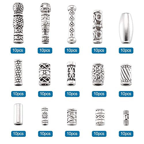 Beadthoven 150pcs/Box Tibetan Style Alloy Tube Beads Mixed Antique Silver Metal Column Spacers Beads for DIY Bracelet Necklace Jewelry Making Supplies - color: Antique Silver-Column