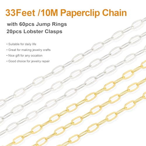 Kyutong 32.8 Feet Gold and Silver Jewelry Making Chains 2 Rolls Paperclip Chain Necklace with Clasps for Women DIY Jewelry Crafts - color: 3.2x6.3 Paperclip Chain