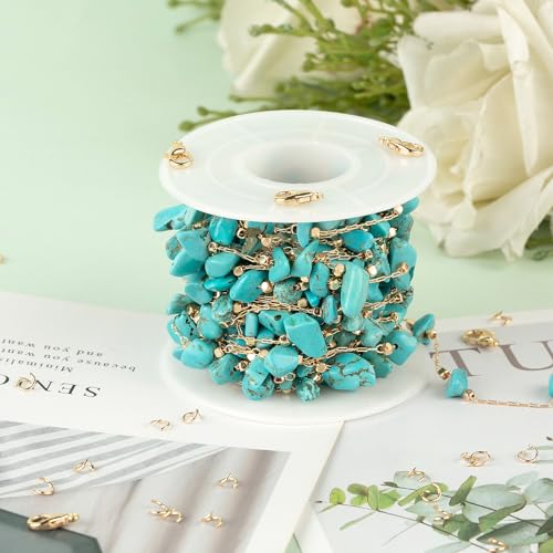 KYUNHOO 16.4 Feet/5M Gold Plated Chains for Jewelry Making Turquoise Blue Natural Stone Chain Spool Brass Necklace Jewelry Bulk for Bracelet Ankle Crafting Finding Supplies - color: Natural Stone-Blue