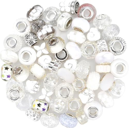 60 Pieces Assorted European Beads with Copper Core Big Hole Resin Spacer No Copper Core Lampwork Colorful Beads Rhinestone Craft Beads for DIY Charm Bracelet Jewelry Making (White) - color: White