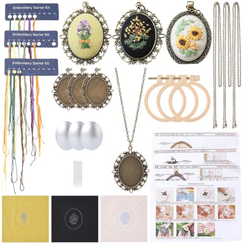 SUNNYCLUE 3 Sets Embroidery Necklace Kit Mini Cross Stitch Kits with Instructions Thread Needle Hoops Spring Flower Themed Embroidery Set for Beginners Jewelry Making Adults Supplies Women Starter - style: Flower 2