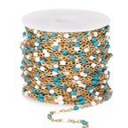 33 Feet Gold Enamel Chains Bulk, 2mm 18K Gold PVD Plated 304 Stainless Steel Blue White Enamel Beaded Cable Link Chain Roll Spool for Jewelry Making - color: Gold Blue White Beads