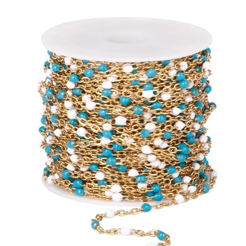 33 Feet Gold Enamel Chains Bulk, 2mm 18K Gold PVD Plated 304 Stainless Steel Blue White Enamel Beaded Cable Link Chain Roll Spool for Jewelry Making - color: Gold Blue White Beads