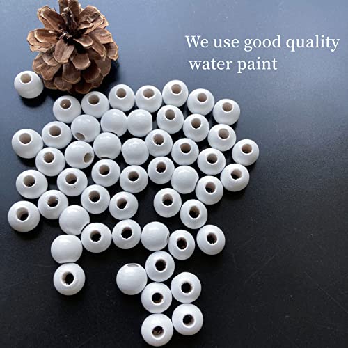 240Pcs White Wood Beads 16mm with Large Hole:6mm for Craft Wood Beads for Art Work (White) - color: White