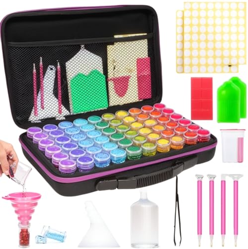 MERATIA 60 Slots Diamond Painting Storage Container, Diamond Art Kits for Adults Stackable Bead Organizer with Carrying Handle, Craft Storage Box with Accessories (Purple-60 Slots) - color: Purple-60 Slots