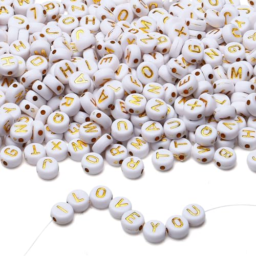 LAIDANLA 1500PCS Acrylic Letter Beads Alphabet Gold Letters White Round Bead 7×4mm for Jewelry Bracelets Necklaces Key Chains Making - color: A-Gold Letter White Beads