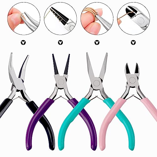 URSKYTOUS 4Pcs Jewelry Pliers Set Jewelry Making Pliers Tools Kit Include Jewelry Making Needle Nose Chain Nose Round Bent Pliers Wire Cutter for Bracelet Beading DIY Craft Jewelry Making Supplies - color: Ch Mix Color