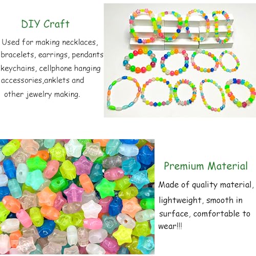 500Pcs Glow in The Dark Beads, Glowing Solar Luminous Star Smile Face Beads Mixed Acrylic UV Beads Color Changing Bracelet Beads Sun Sensitive Plastic Glow Beads Bulk for Jewelry Making Bracelets - color: Mixed Colors Star Beads