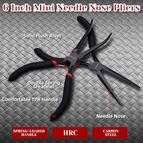 WISEUP 6" Mini Needle Nose Pliers Set，2-Piece Small Long Reach Bent Needle Nose Pliers for Jewelry DIY Craft，Repair & Wire Wrapping