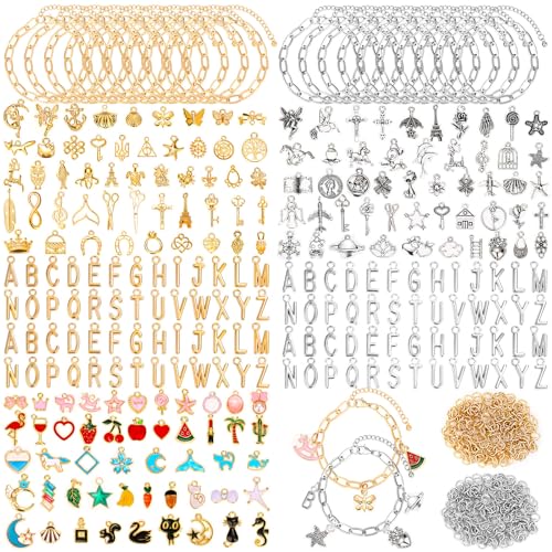 Mckanti 674 Pieces Charm Bracelet Making Kit, Including Paperclip Chain Bracelets, Charms, Jump Rings for DIY Bracelet Making(Gold & Silver)