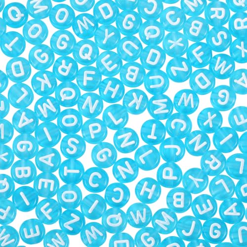 BEEFLYING 1480Pcs Transparent Acrylic Alphabet Beads Flat Round Disc Coin A-Z White Letter Beads Clear Spacer Beads Charms for DIY Friendship Boho Bracelet Souvenir Jewelry Crafts Making (Sky Blue) - color: Deep Sky Blue