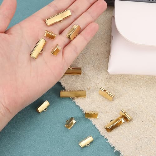 uxcell 30Pcs Ribbon End Crimp Clamps, 8.5mm Pinch Cord End Clasps Stainless Steel Curled Bead Clasp for Ribbon Lace Bookmark Ends Keychain DIY Making, Gold - size: 8.5mm