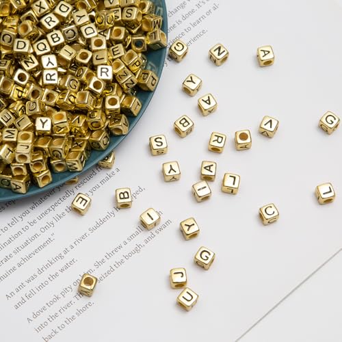 1000pcs Square Letter Beads for Bracelets, 6x6mm Gold Cube Alphabet A-Z Beads for Jewelry Making Friendship Bracelets (Cube Gold) - color: 6x6mm gold