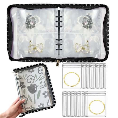 Jewelry Organizer Travel,Jewelry Storage Book with 40 Large PVC pouches,Portable Jewelry Organizer Zipper Bags for Necklaces Bracelet Rings and Earrings (front cover removable),Black - color: Black/40 PVC Large Pouches