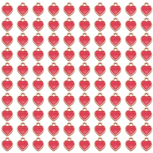 200 pcs Tiny Heart Enamel Charm Gold Plated Alloy Love Pendant Bracelet Earring Keychain Jewelry Crafts 6x8mm - color: Red