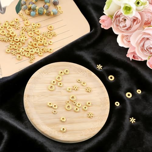 300 Pcs Gold Spacer Beads for Jewelry Making, 6 Styles Zinc Alloy Gold Beads for Bracelets Include Flower Snowflake Donut Bicone Decorative Gold Bracelet Bead for Craft DIY Necklace Earring Supplies