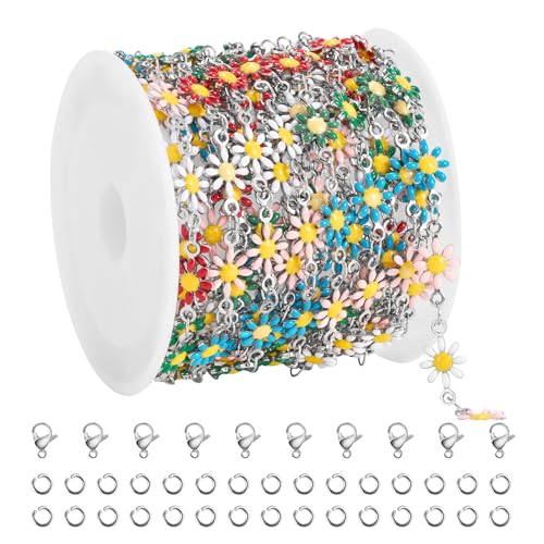 SMYHTGLIF 9.8 Feet Colorful Flower Chain for Jewelry Making Silver Stainless Steel Daisy Chain Bulk DIY Craft Jewelry Making Supplies - color: Colorful Silver