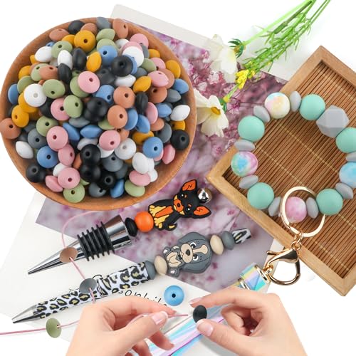 Sunrony 200Pcs Silicone Lentil Beads for Keychain Making,Bulk Mixed Color 12mm Silicone Abacus Spacer Beads for Necklace Bracelet Making Pens (Deep Lentil) - color: B-Deep Lentil