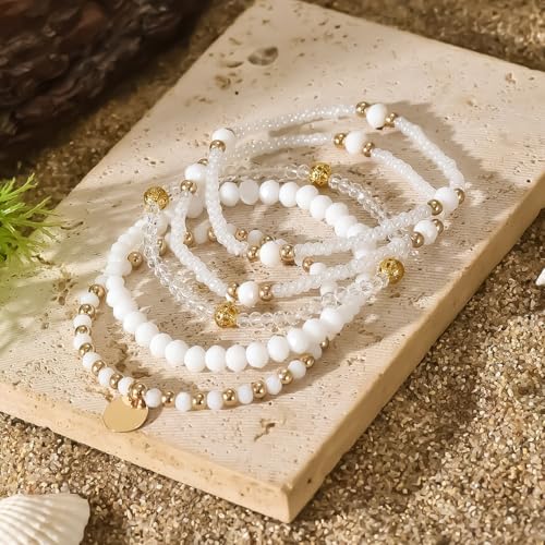 5Pcs Bohemian Multilayer Crystal Beads Stackable Bracelets Y2K Circle Disc Coin Pendant Colorful Beaded Elastic Stretch Bracelets for Women Boho Beach Vacation Holiday Jewelry Gift - color: White