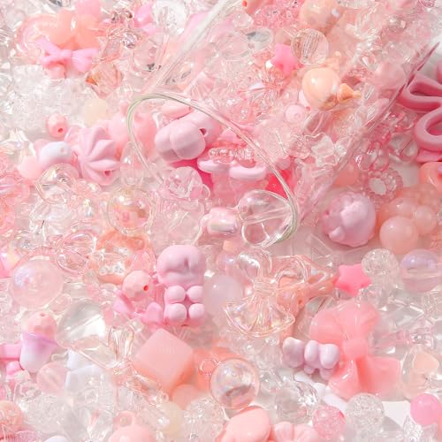 500g Acrylic Assorted Beads Flower Star Butterfly Candy Acrylic Kawaii Beads for Keychain Bracelets Jewelry Making DIY Plastic Crafts (Pink) - color: Pink