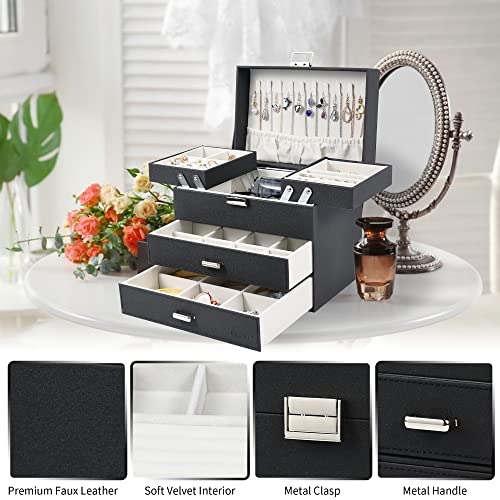 Dajasan Jewelry Organizer Box, Large Jewelry Boxes for Women Girls, Space-Saving 4 Layers Jewelry Storage Case with Drawer, Movable Metal Stand, Modern, Gift Idea (Black + Silver) - color: Black + Silver