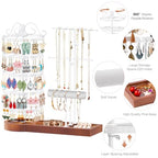 KALYLOC Jewelry Earring Holder Organizer, Adjustable 5 Tiers Rotating Earring Holder 3 Tier Necklace Holder with Wooden Base, Multi-Functional Jewelry Organizer Display Stand for Studs Bracelet Women - color: White