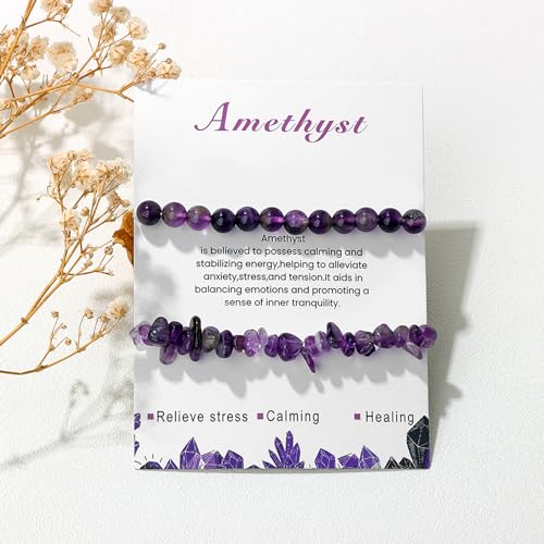 Healing Crystal Bracelets for Women 2 PCS 6mm Natural Stone Bracelet Stretch Crystal Beaded Bracelets Handmade Gemstone Bracelet Jewelry Gifts Christmas Gifts for Women Girls - style: amethyst