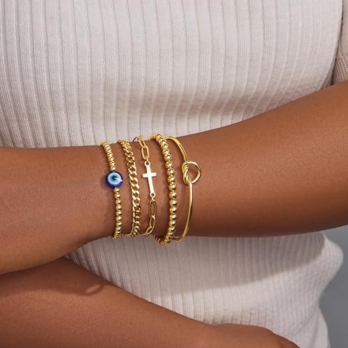 Gold Bracelets Set for Women Stack, Chunky Thick Bracelets Stack for Women Trendy, Simple Dainty Thin Gold Plated Cuff Stackable Bracelets With Beaded Cuban Paperclip Snake Rope Bangle Hand Chain Jewelry - style: Style 13-gold