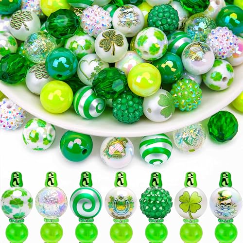 BONNY BOXX 50pcs 16mm St. Patrick's Day Acrylic Beads, Green White Three-Leaf Clover Shamrock Bubblegum Chunky Beads for Decoration Garland Beadable Pen Jewelry Making DIY Home Decor - color: St. Patrick's