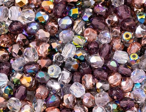 1.8 oz (50 g, cca 600pcs) Mix of Faceted Fire Polished Pressed Czech Glass Beads, Sparkling Shiny Mix - color: Mix 01 Warm Transparent, size: 50 g