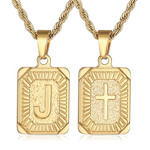 SKQIR initial Letter Necklaces for Men,Stainless Steel Plated A Z Square Pandent Letter Necklace for Women,Cross Necklace with Letter Chain Pendant for Boys Stocking Stuffers Christmas New Year Gifts for Men Women - color: Gold, style: Cross J