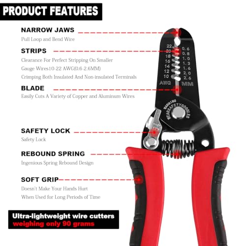 10-22 AWG Wire Stripper Cutter, Multifunctional Multi-Size Wire Stripping Tool, Manganese Steel, Non-Slip Handle Design and Superb Craftsmanship