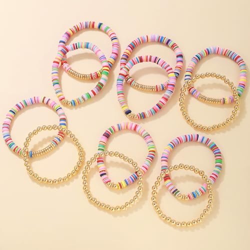 12pcs Friendship Bracelets Beaded Bracelets Heishi Bracelet Cute Bracelets Stack Vinyl Clay Disc Bead Surfer Stretch Summer Beach Bracelets For Women Preppy Bracelets - color: B-2 color