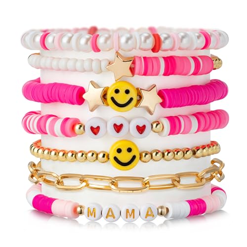 LieToi Preppy Heishi Bracelets Set Colorful White Gold Smile Heart Star Evil Eye Beaded Polymer Clay Pearl Stackable Charm Y2K Kidcore Summer Beach Bohemian Layering Bracelets Jewelry for Women Girls Teens - color: 7Pcs-Pink(MAMA)