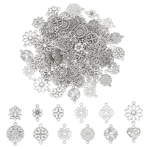PH PandaHall 120pcs Tibetan Pendent 12 Style Antique Filigree Pendants Alloy Connector Teardrop Heart Lotus Shaped Linking Decoration Pendants for Bracelet Necklace Earring Jewelry Making Diwali