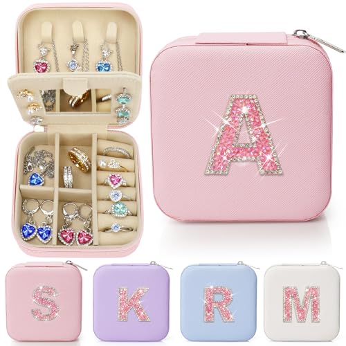 Mothers Day Gifts Initial Jewelry Box Organizer,Personalized Travel Jewelry Box for Girls Women,Glitter Rhinestone Jewelry Case Gifts for Birthday Small Size (Pink, A) - color: Pink, size: A