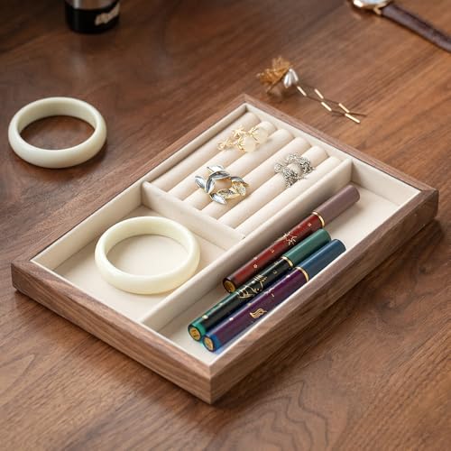 Black Walnut Wood Jewelry Tray with Velvet Lining, Multi-Functional Jewelry Organizer for Rings, Earrings, Necklaces & Bracelets, Drawer Jewelry Storage & Display Tray - color: 2grid+5 line