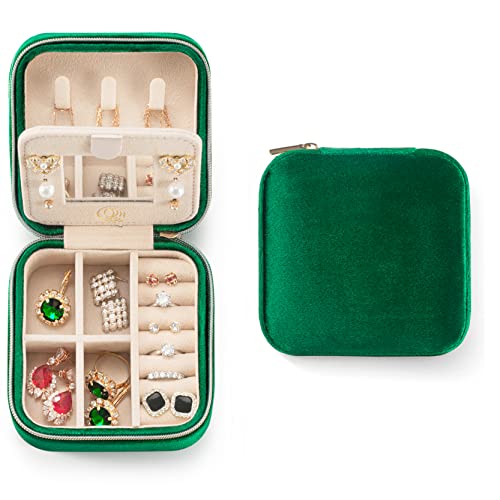 ZPROW Plush Velvet Travel Jewelry Case, Organizer, Box, Small Case for Women, Earring Organizer with Mirror, Best Gifts For Daughter, Girlfriend, Mom | Gifts For Her - Emerald Green - color: Velvet 1 Pack - Emerald Green