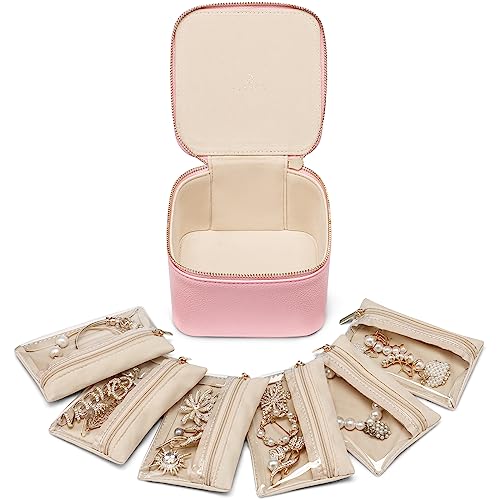 Vlando Travel Jewelry Box for Women,Faux Leather Jewelry Case with 6 Velvet Jewelry Zipper Pockets,Gift Ideas for Women Wife Earrings Necklace Rings Storage Boxes(Strawberry Pink) - color: 6PCS-Strawberry Pink