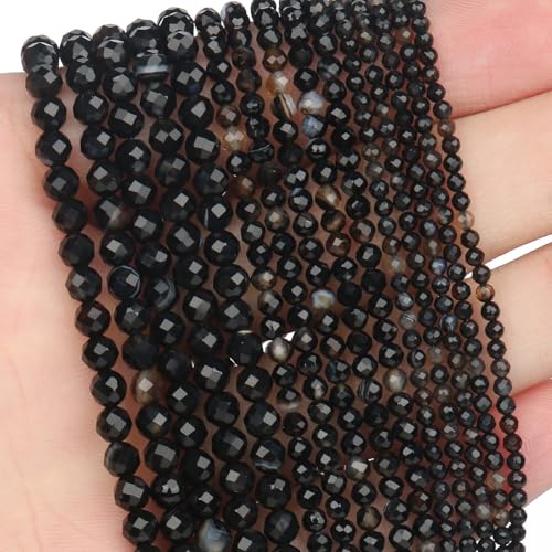 120pcs 3mm Natural Black Striped Agate Gemstone Beads Faceted Round Loose Stone Beads for Jewelry Making (1 Strand) - color: Black Striped Agate, size: 2.8-3.3mm