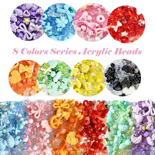 600-650PCS Acrylic Beads for Bracelets Making, 8 Mixed Colors Cute Flower Bow Butterfly Bear Beads Bracelets Charms Necklaces Keychains DIY Crafts