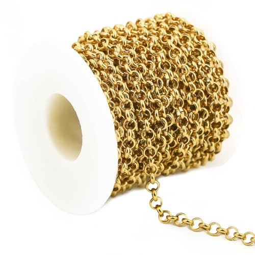 UniCrena Gold Rolo Chain Jewelry Making Supplies 10ft - 2.5mm Link Chain Bulk for DIY Necklace Bracelet Hat Chains Decoration - color: Round Rolo_Gold, size: 2.5mm_3m/9.8ft