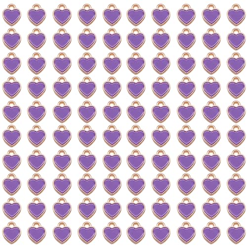 200 pcs Tiny Heart Enamel Charm Gold Plated Alloy Love Pendant Bracelet Earring Keychain Jewelry Crafts 6x8mm - color: Purple