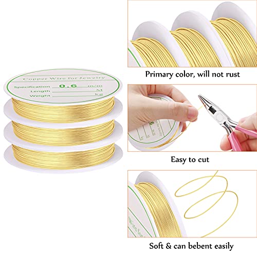 3 Pack Jewelry Wire - 22 Gauge Tarnish Resistant Copper Beading Wire for Jewelry Making, 0.6mm X 4m Each (Gold)