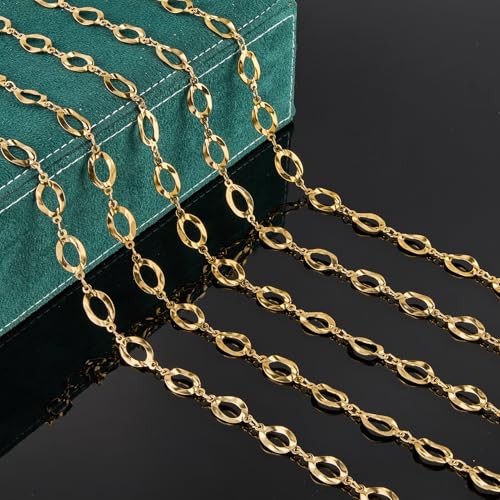 UMAOKANG 2 Meters Stainless Steel Gold Plated Chains for Jewelry Making Hollow Oval Chain Bulk on Spool - color: Gold Hollow Oval