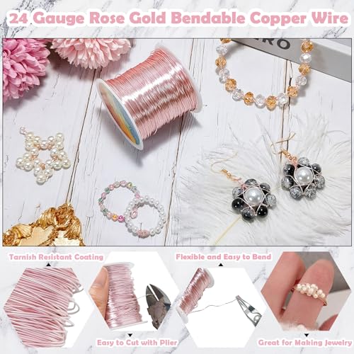 203 Feet Tarnish Resistant Copper Wires 24 Gauge Jewelry Craft Wires Beading Wire for Jewelry Making, Wire Wrapping and Crafting(Rose Gold) - color: Rose Gold, size: 24 Gauge