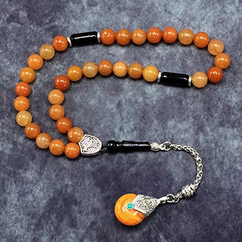 Simple Designed Natural Stone Worry Beads - Prayer Beads Tesbih-Tasbih-Tasbeeh-Misbaha-Subha-Sebha-Sibha-Rosary (Orange Aventurine Natural Stone -8 mm 33- Beads/Drop Tassel) - color: Orange Aventurine Natural Stone -8 mm 33- Beads / Drop Tassel