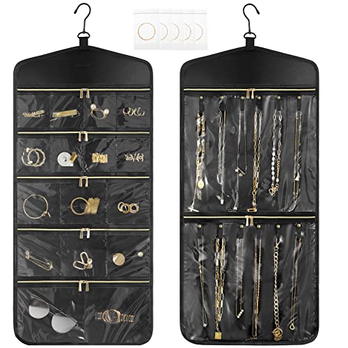 CHICECO Travel Jewelry Holder Organizer,Hanging Jewelry Organizer Storage With Zippered Pockets for Cloest,Wall,Door,Jewelry Holder for Earrings, Necklaces（Upgrade Black） - color: Upgrade Black